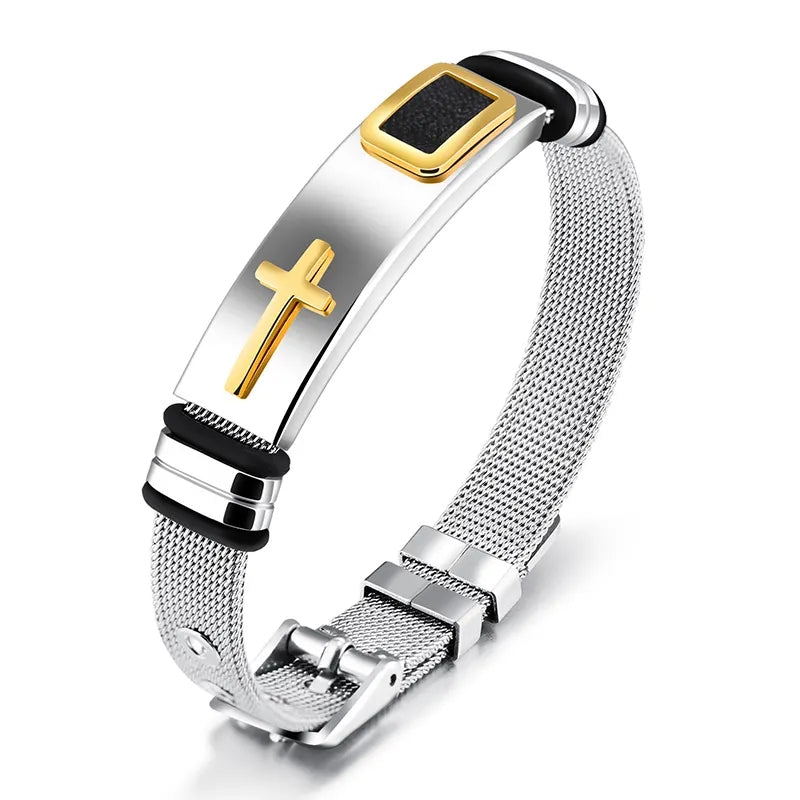 Men's Adjustable Bracelet 3D Cross Stainless Steel Mesh Chain Bracelets Bangles