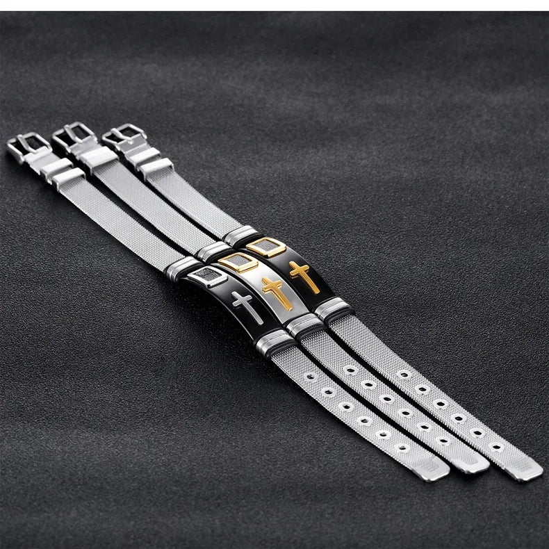 Men's Adjustable Bracelet 3D Cross Stainless Steel Mesh Chain Bracelets Bangles