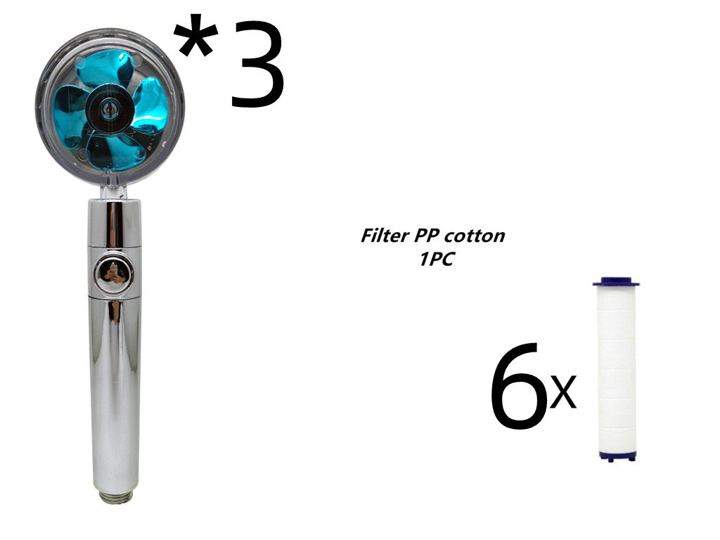 Propeller Driven Shower Head With Stop Button And Cotton Filter Turbocharged High Pressure Handheld Shower Nozzle